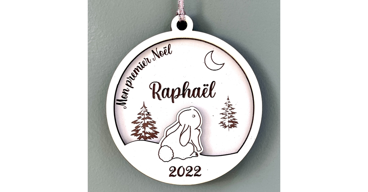 Boule de noël personnalisée en bois et en relief motif lapin, mon